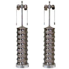 Pair Modern Ribbed Cylinder Mirrored Glaze Lamps