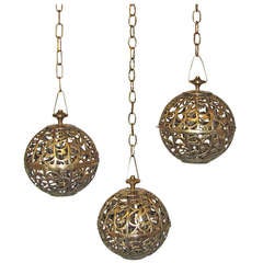 Trio Pierced Brass Asian Mid Size Ceiling Pendants