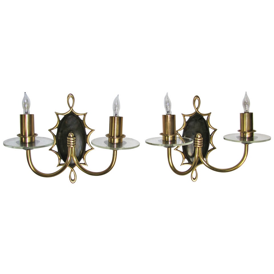 Pair of French Moderne Brass Patinated Wall Sconces For Sale