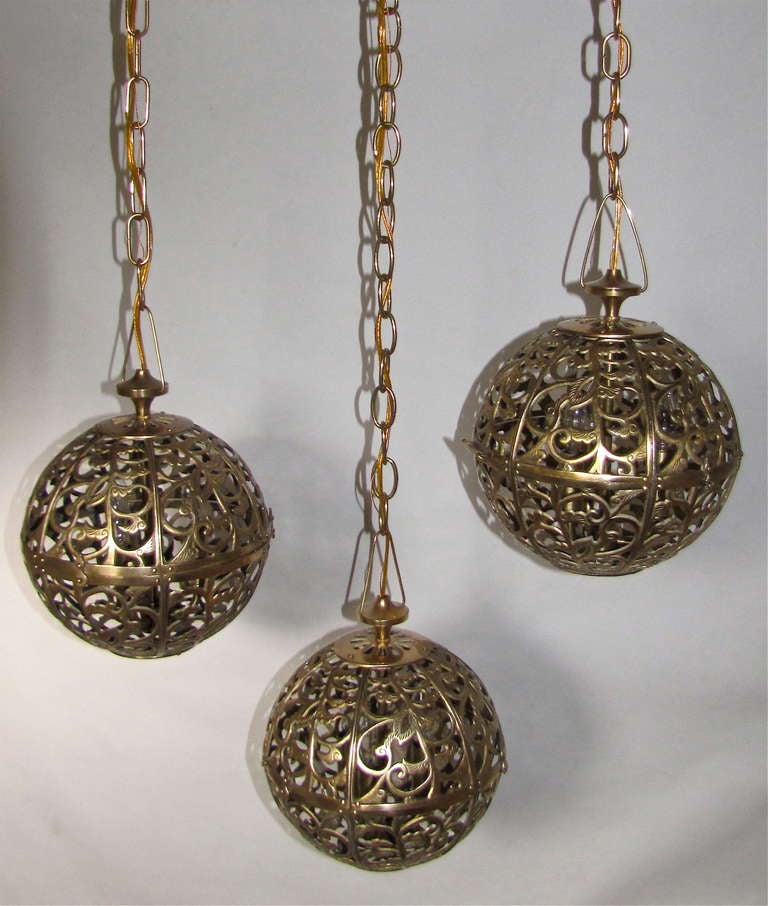 Trio Pierced Brass Asian Mid Size Ceiling Pendants 3