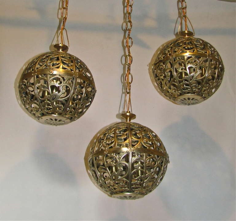 Trio Pierced Brass Asian Mid Size Ceiling Pendants In Excellent Condition In Palm Springs, CA