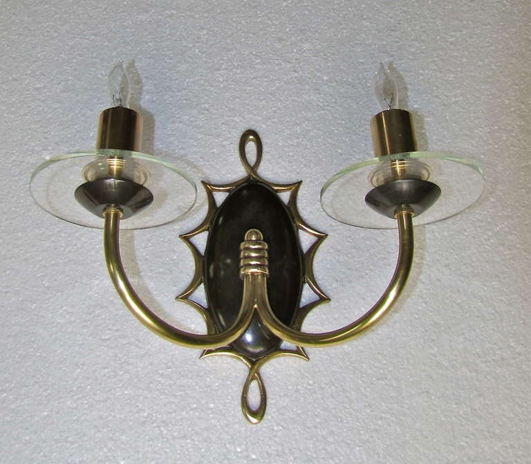 Pair of French Moderne Brass Patinated Wall Sconces For Sale 4