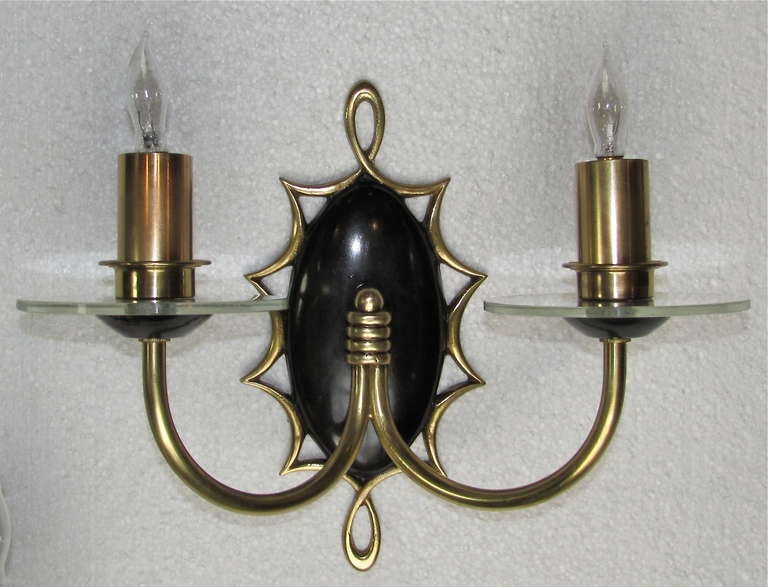 Pair of French Moderne Brass Patinated Wall Sconces In Good Condition For Sale In Dallas, TX