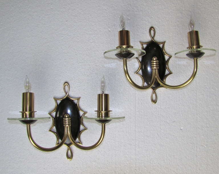 Pair of French Moderne Brass Patinated Wall Sconces For Sale 2