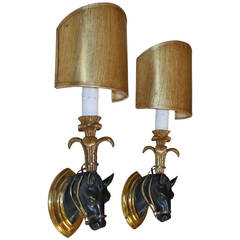 Pair of French D'Ore Bronze Horse Equestrian Wall Sconces