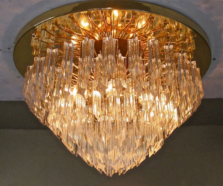 Brass Huge Venini Triedi Murano Glass Prism Flush Mount Chandelier