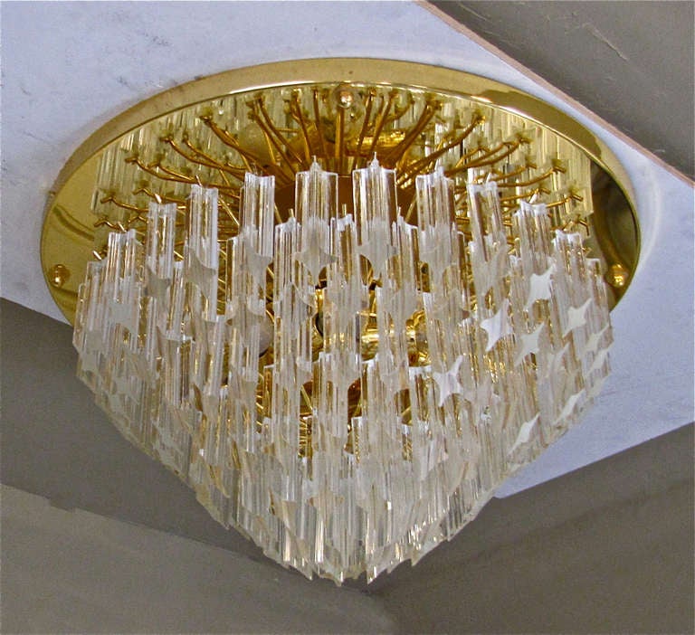 Italian Huge Venini Triedi Murano Glass Prism Flush Mount Chandelier