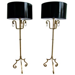 Pair French Ring Poillerat Style Gilt Iron Floor Lamps