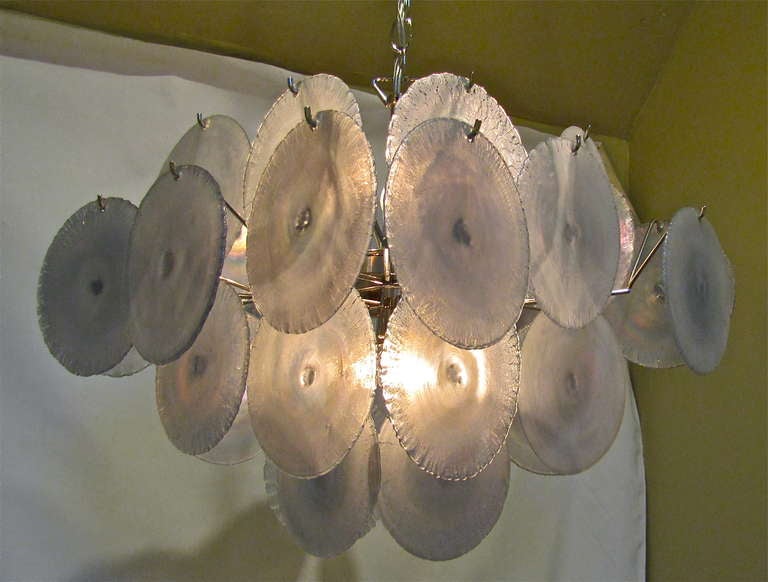Mazzega Murano Irridesant Blue Disc Glass Chandelier In Excellent Condition In Palm Springs, CA