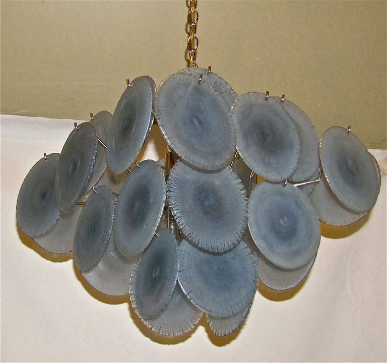 Mazzega Murano Irridesant Blue Disc Glass Chandelier