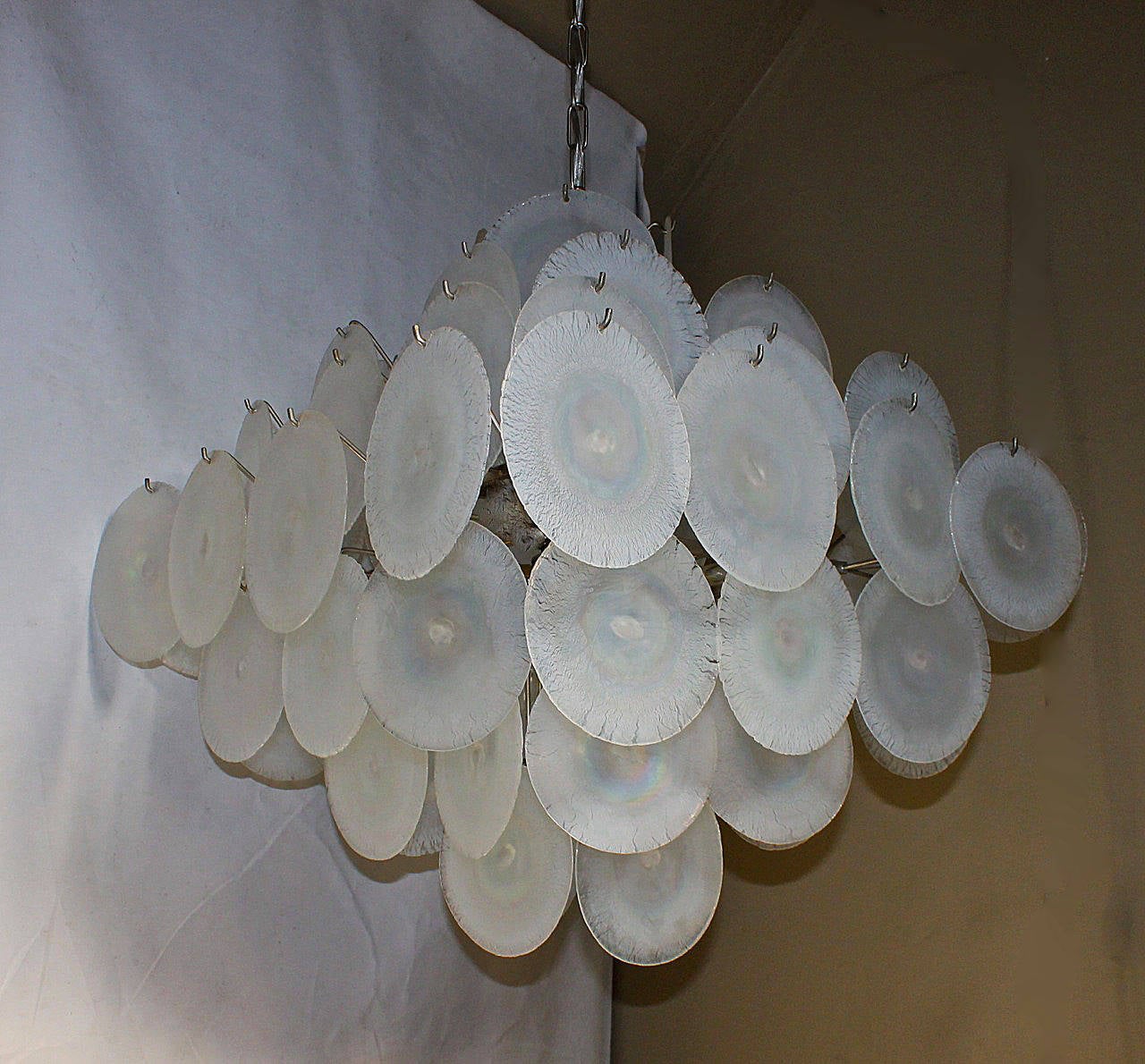 Mazzega Murano Iridescent Disc Glass Chandelier In Excellent Condition In Palm Springs, CA