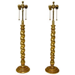 Pair 23K Gilt Turned Wood Table Lamps