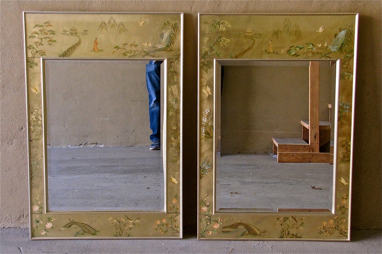 20th Century Pair LaBarge Asian Eglomise Wall Mirrors