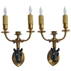 Pair Rare Maison Charles Bronze Horse Equestrian Wall Sconces