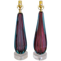 Pair Purple Murano Italian Glass Ribbed Table Lamps