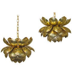 Pair Large Rare Brass Lotus Chandeliers or Pendants