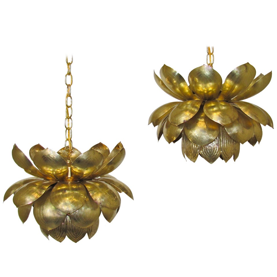 Pair Large Rare Brass Lotus Chandeliers or Pendants