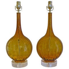 Pair Murano Italian Amber Glass Table Lamps
