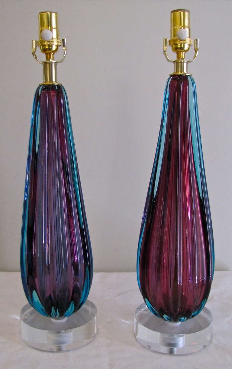 Pair Purple Murano Italian Glass Ribbed Table Lamps 6