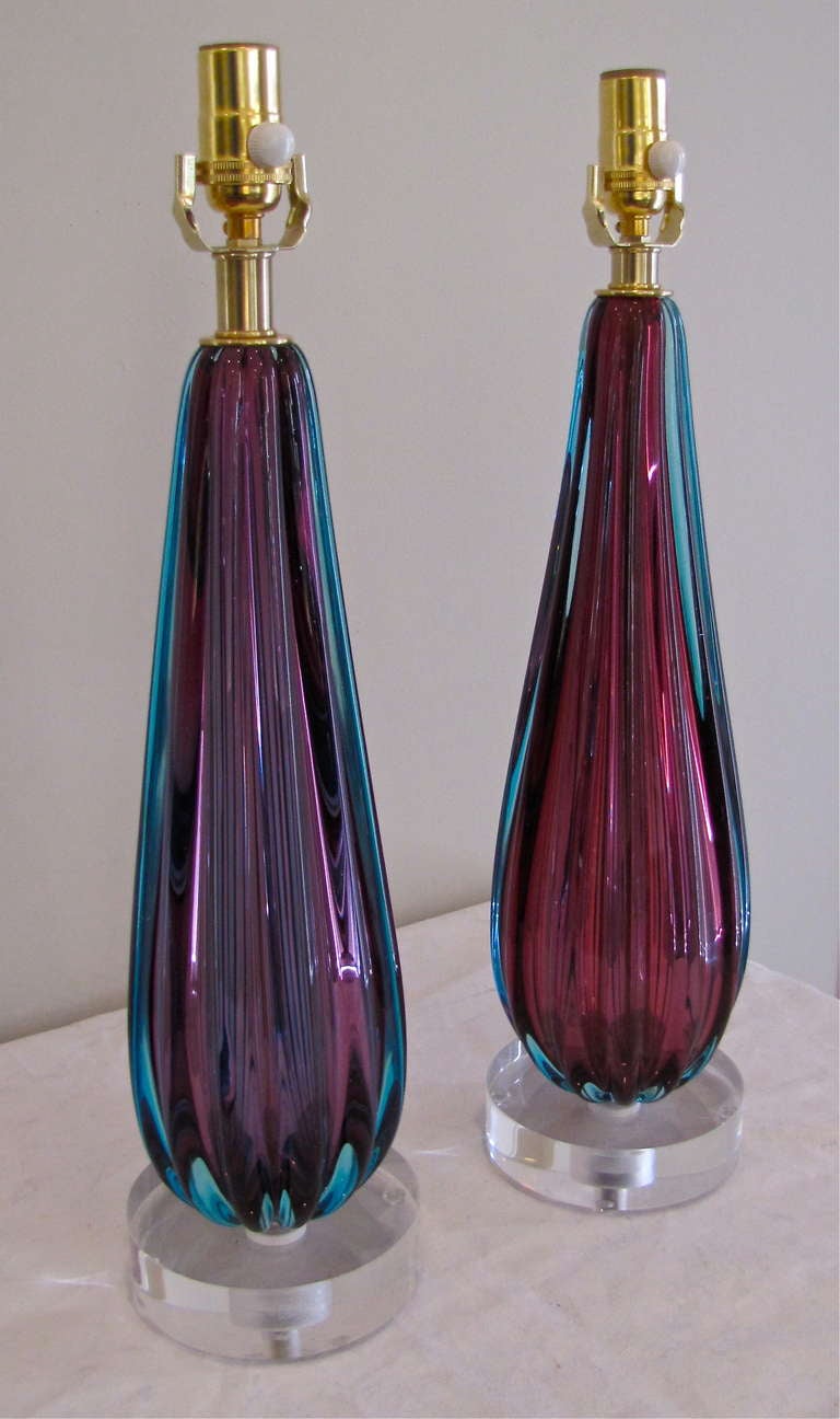Pair Purple Murano Italian Glass Ribbed Table Lamps In Excellent Condition In Palm Springs, CA