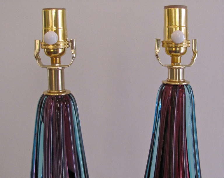 Pair Purple Murano Italian Glass Ribbed Table Lamps 5