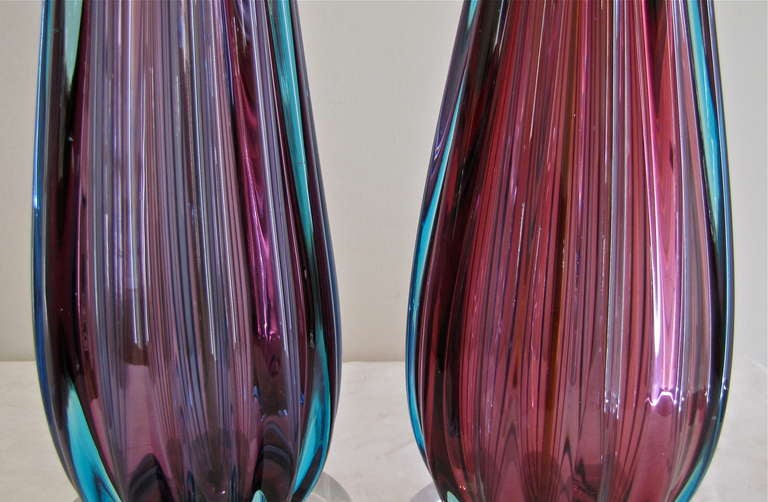 Pair Purple Murano Italian Glass Ribbed Table Lamps 4