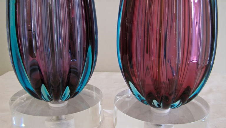 Pair Purple Murano Italian Glass Ribbed Table Lamps 2