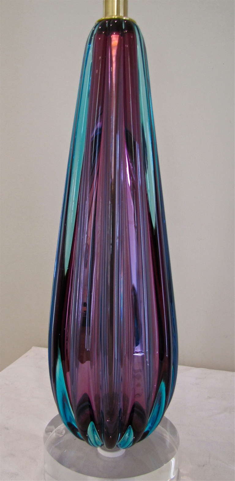 Mid-20th Century Pair Purple Murano Italian Glass Ribbed Table Lamps