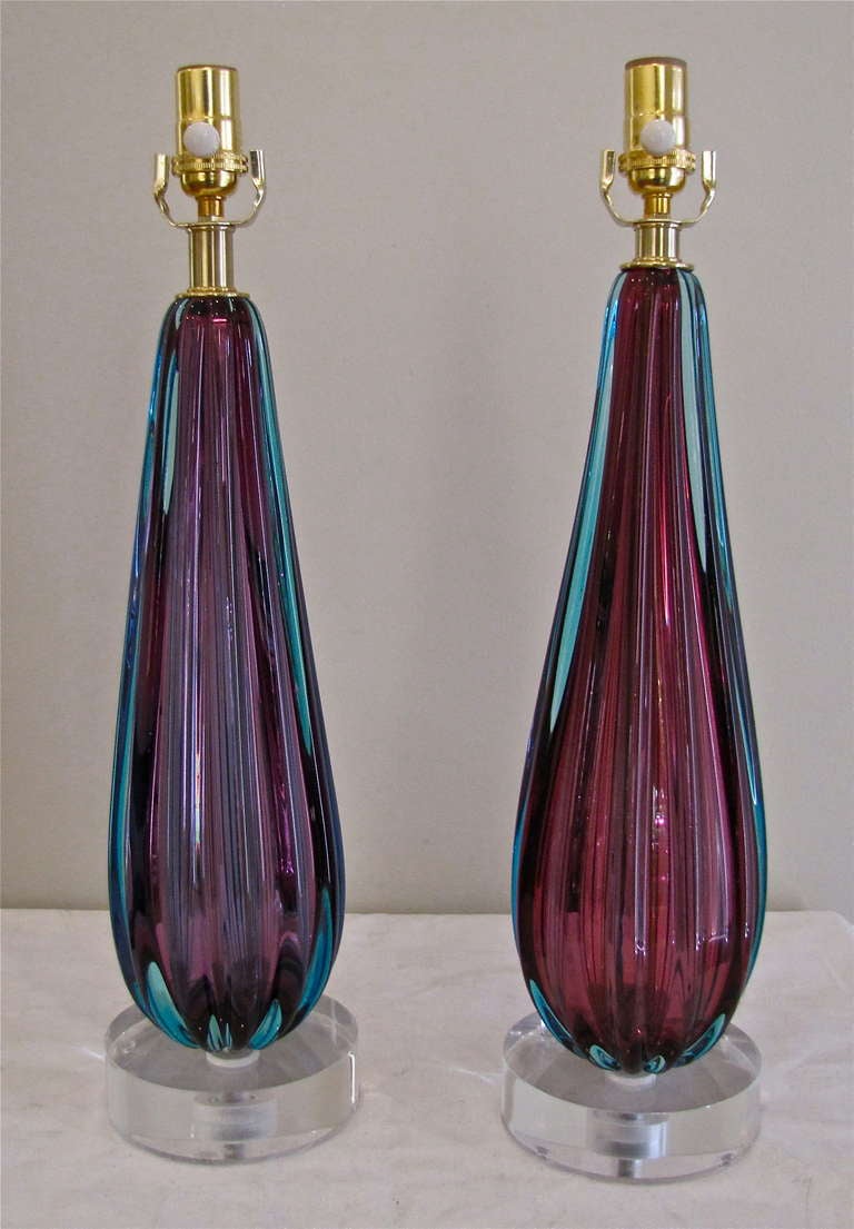 Pair Purple Murano Italian Glass Ribbed Table Lamps 3