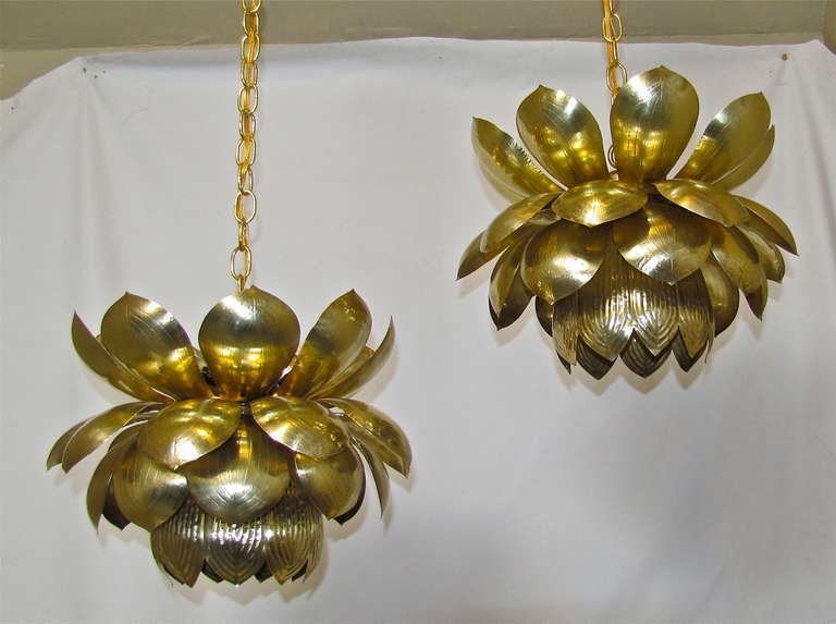 Pair Large Rare Brass Lotus Chandeliers or Pendants 5