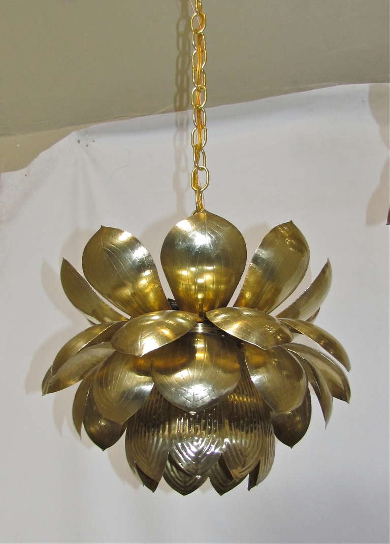 American Pair Large Rare Brass Lotus Chandeliers or Pendants