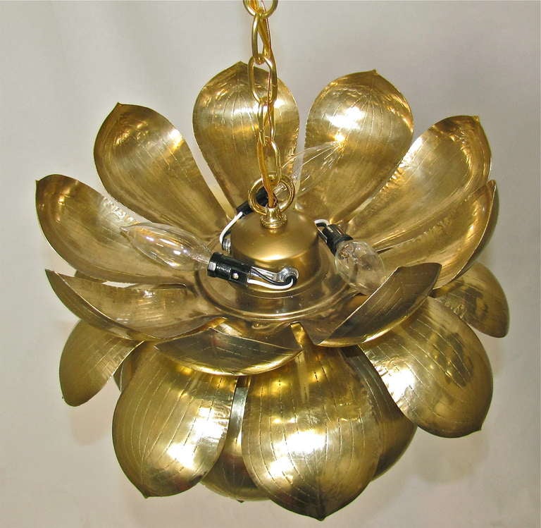 Pair Large Rare Brass Lotus Chandeliers or Pendants In Excellent Condition In Palm Springs, CA