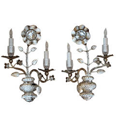 Pair Gilt Floral & Urn Crystal Wall Sconces Style Bagues