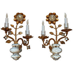Pair Gilt Floral & Urn Crystal Bagues Style Wall Sconces