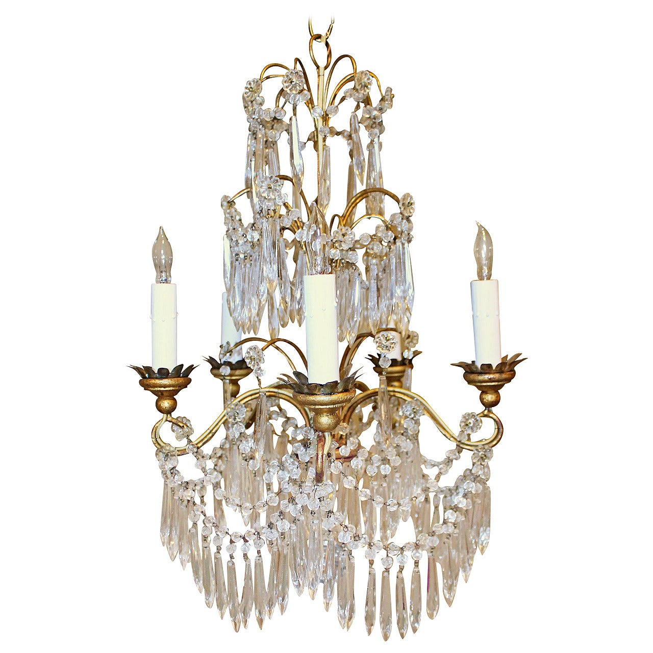 Diminutive Italian Crystal, Giltwood and Gilt Iron 5 Arm Chandelier