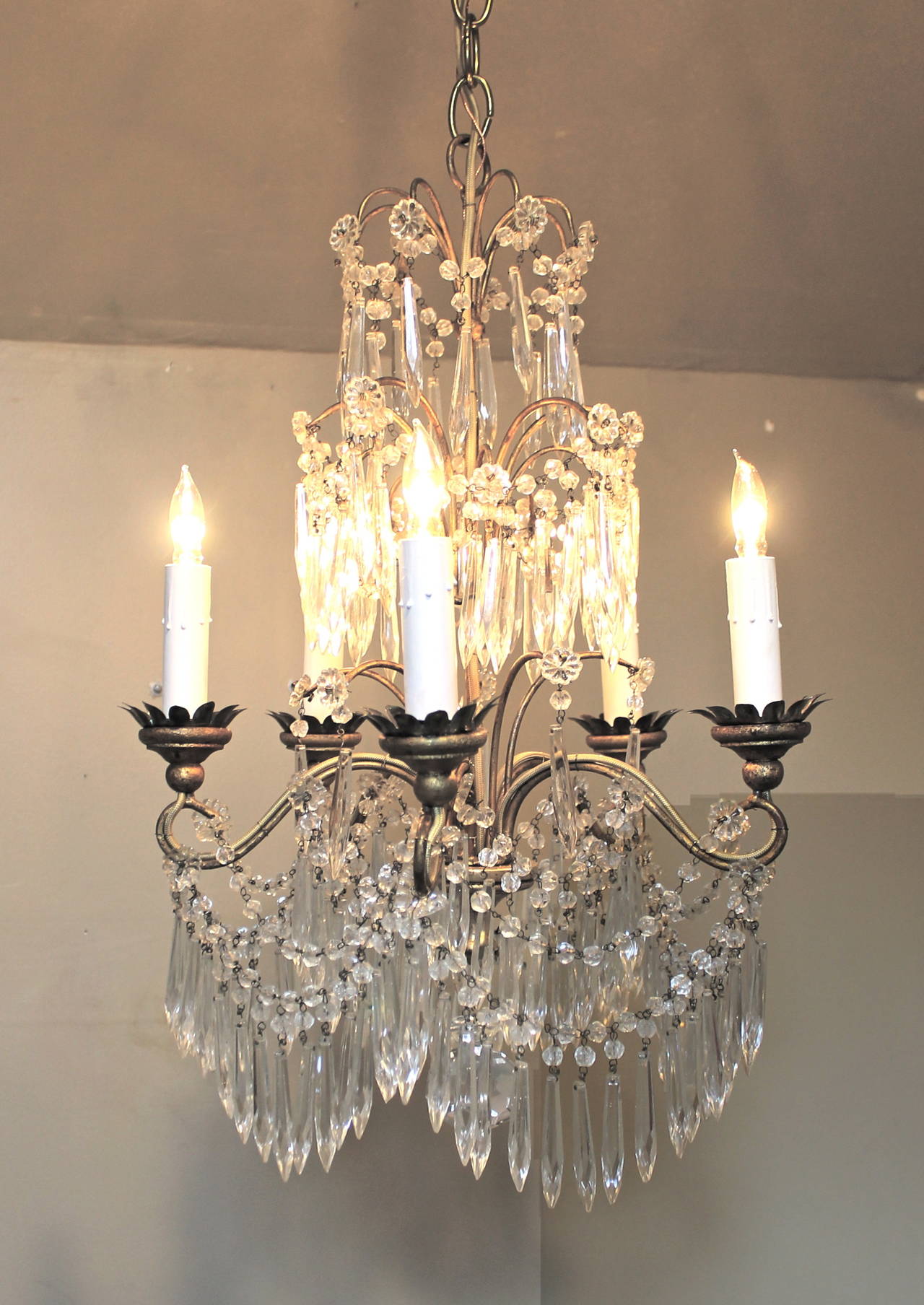 Diminutive Italian Crystal, Giltwood and Gilt Iron 5 Arm Chandelier In Excellent Condition In Palm Springs, CA