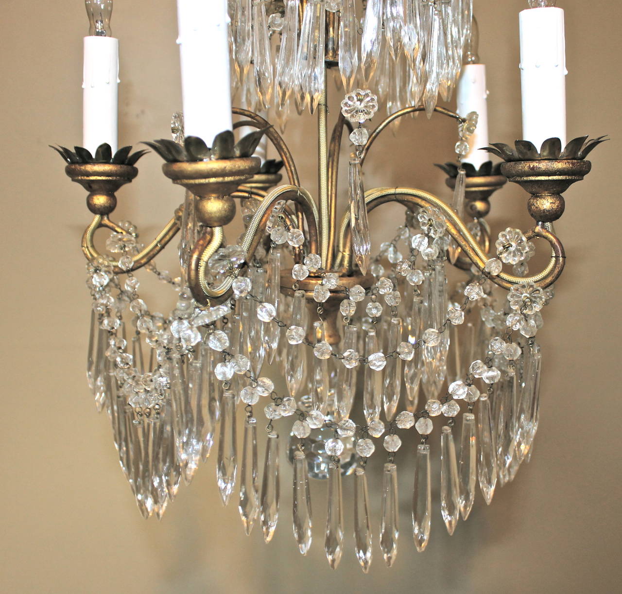 Diminutive Italian Crystal, Giltwood and Gilt Iron 5 Arm Chandelier 2