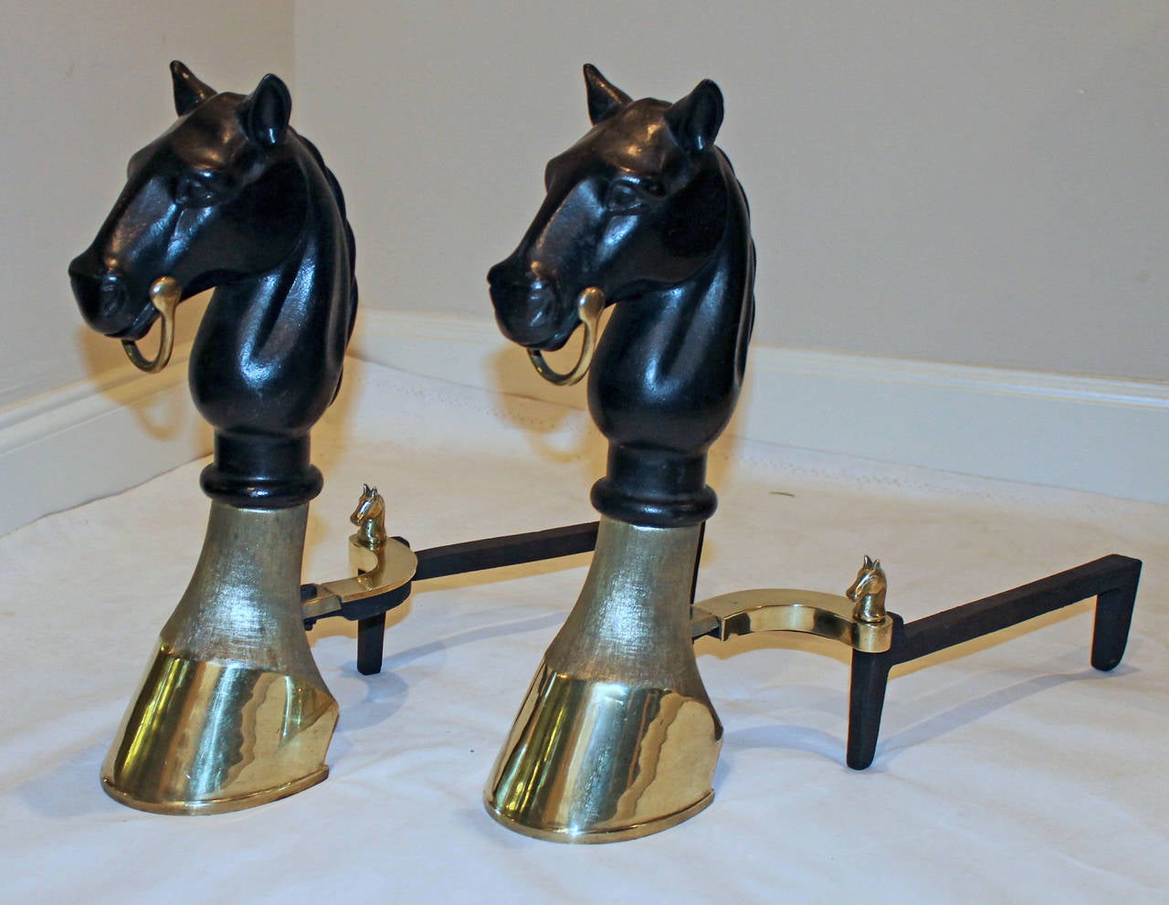 North American Pair of Heavy Bronze and Cast Iron Horse Equestrian Andirons