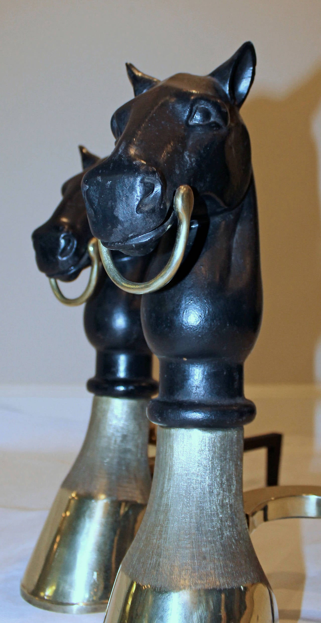 Mid-20th Century Pair of Heavy Bronze and Cast Iron Horse Equestrian Andirons