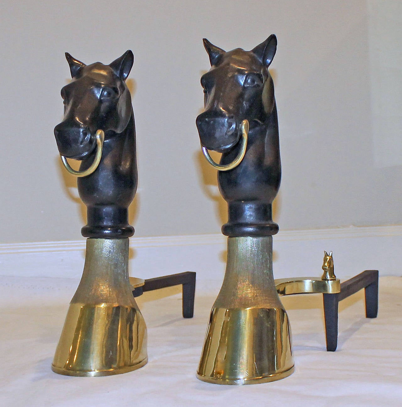 Pair of Heavy Bronze and Cast Iron Horse Equestrian Andirons 4