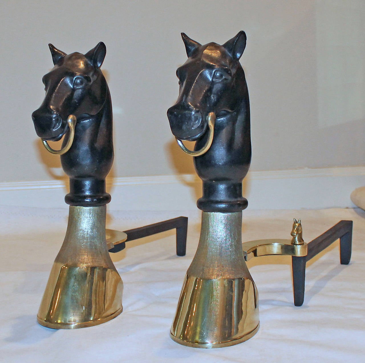 Pair of Heavy Bronze and Cast Iron Horse Equestrian Andirons In Excellent Condition In Palm Springs, CA