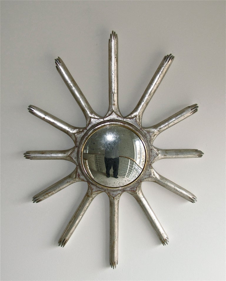 Italian Mid Century Convex Soleil Sunburst Gilt Wood Wall Mirror 1