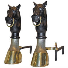 Vintage Pair of Heavy Bronze and Cast Iron Horse Equestrian Andirons