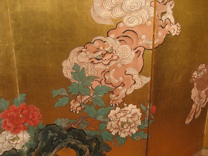 Ink Japanese Screen Painting with Chinese Lions For Sale