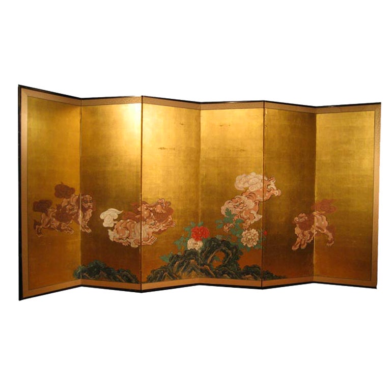 Japanese Screen Painting with Chinese Lions For Sale