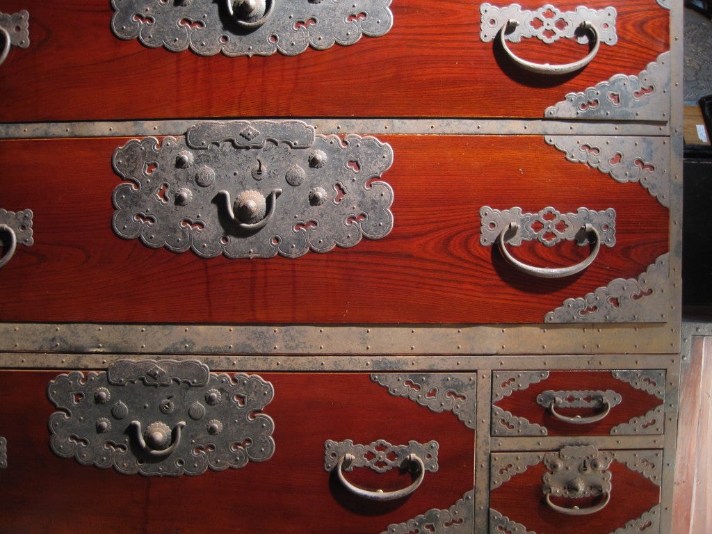 An large 2 piece stacking clothing chest from the town of Ogi,on Sado Island in original patina. Niiagata Prefecture.