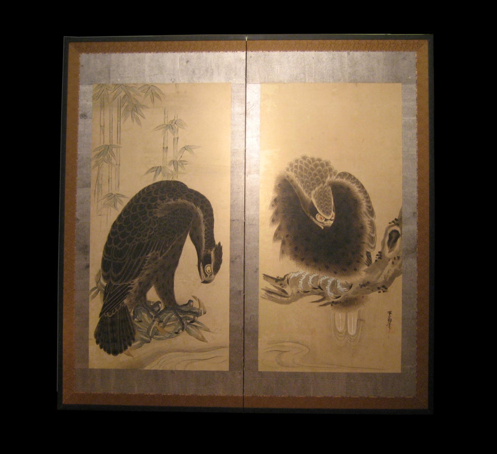 Japanese folding paper screen (byobu) with painting of Hawks at the waters edge.