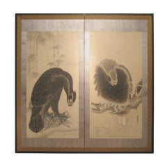 Antique Japanese Screen with Hawks