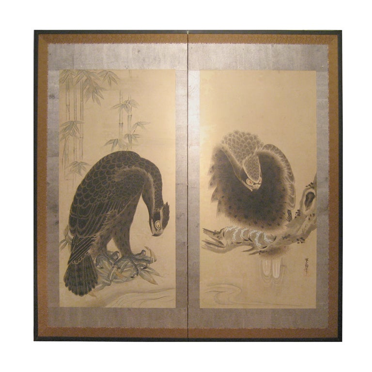 Japanese Screen with Hawks For Sale