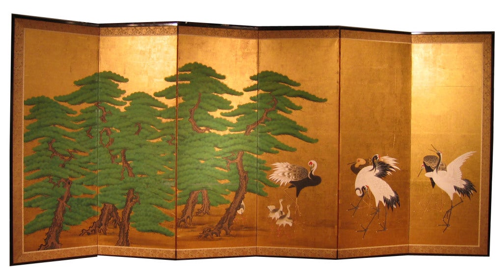 Outstanding Edo period pair of folding screens (byobu) depicting cranes and pine motif on gold leaf. More photos available on request. 68